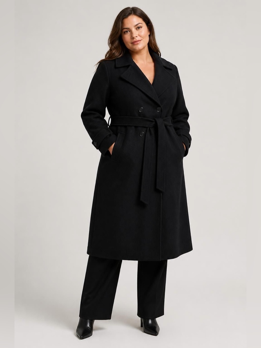 Ashley Scott Black Wool Blend Long Coat with Belt